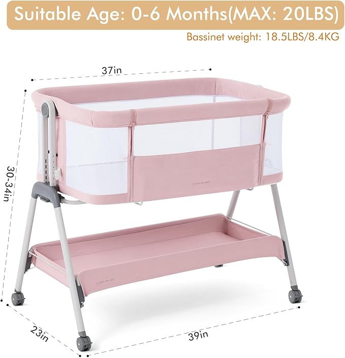 ANGELBLISS Baby Bassinet Bedside Sleeper, Easy Folding Portable Bassinet for Baby Girl with Wheels, Adjustable Height, Included Mattress (Pink)
