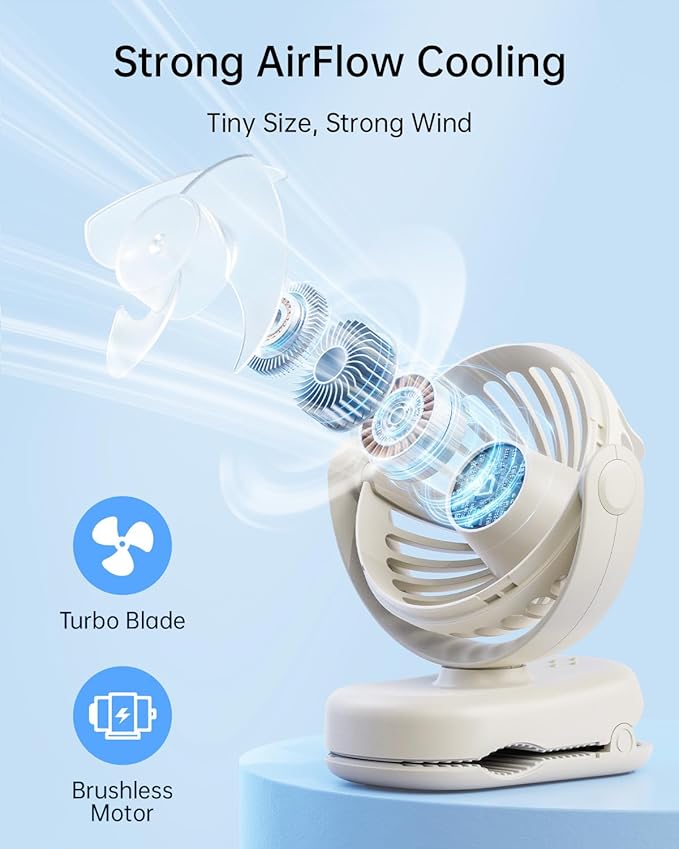 SWEETFULL Mini Clip on Fan - Portable Rechargeable Personal Fan with Strong Clamp, 3 Speeds, 11Hrs Cooling, Cute Small Desk Cooler for Stroller Bed Pet Carriers Umbrell Travel Outdoor - Beige