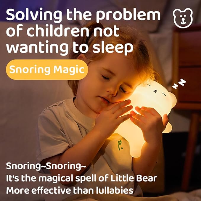 Sleeping Snoring Bear Night Light Nursery lamp for Kids,3-Level Dimmable,30Min Auto-Off Timer,Rechargeable Type-C, BPA-Free & Food-Grade Silicone for Kid Room Bedroom Decor Kids Gift