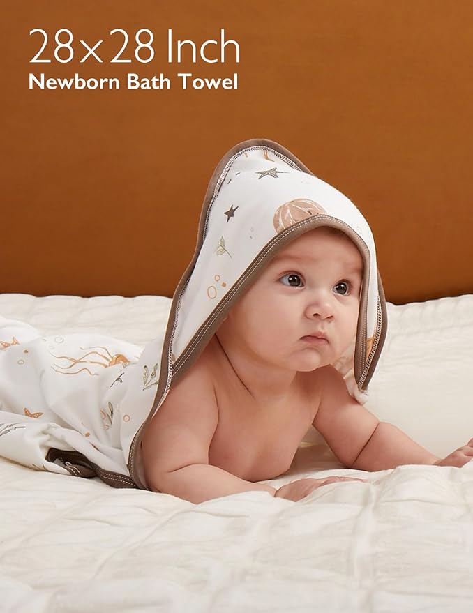 Momcozy Baby Towel with Hooded-2 Pack Soft Bath Towel Set-Shower Gifts or Bath Essential for Infant,Newborn, Toddler (28 X 28 Inch, Ocean Whimsy)