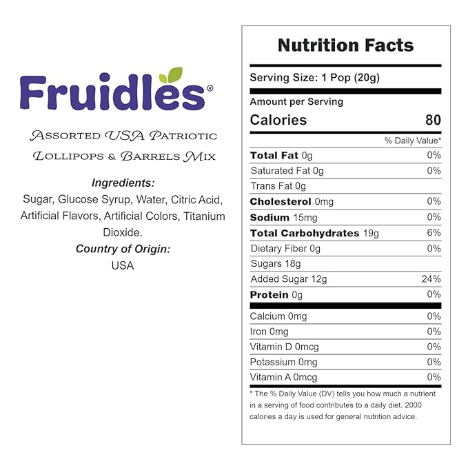 Fruidles Assorted USA Patriotic Lollipops & Barrels Mix, Red, White, and Blue Mixed Fruit Flavor, Made in Brazil, Individually Wrapped, 8g (Half-Pound)
