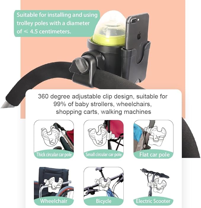 Stroller Cup Holder with Phone Holder, 2-in-1 Universal Cup Holder with Phone Mount for Walker, Wheelchair, Stroller, Cup Holder Attachment Fits Most Donna, Uppababy, Bugaboo