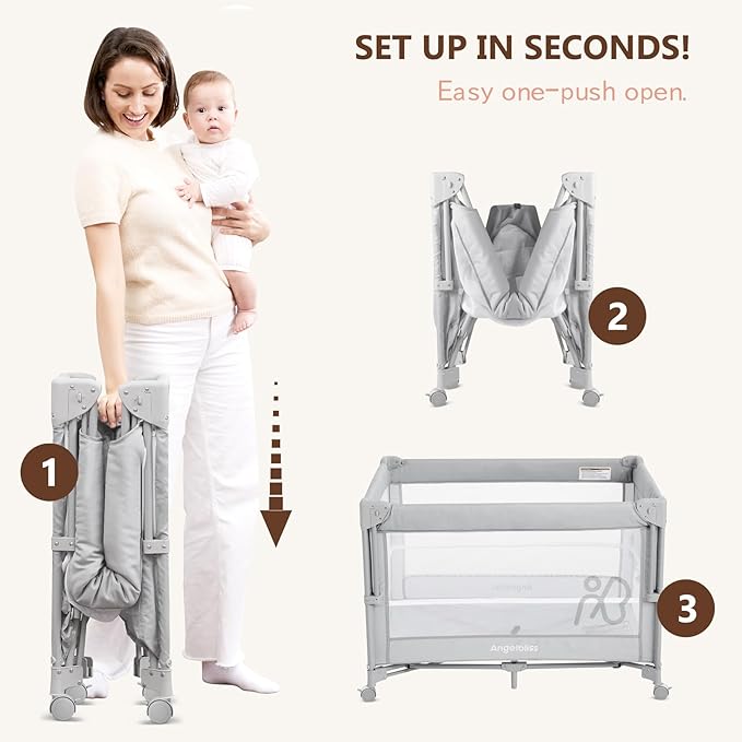 ANGELBLISS Baby Bassinet Bedside Crib, Pack and Play with Mattress, Diaper Changer, One-Push Setup Playards from Infants to Toddlers (Grey)
