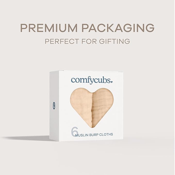 Comfy Cubs Muslin Burp Cloths 20" x 10", Pack of 6 - Large, 6-Layer, Ultra Absorbent 100% Cotton for Baby Drool and Messes - Soft, Safe & Gentle Baby Burp Cloths for Boys & Girls - Cream