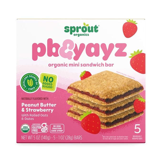 Sprout Organics, PB & Yayz Toddler Snack Bars, Peanut Butter & Strawberry, 5 Individual Bars 1.02 oz Each (6-boxes)