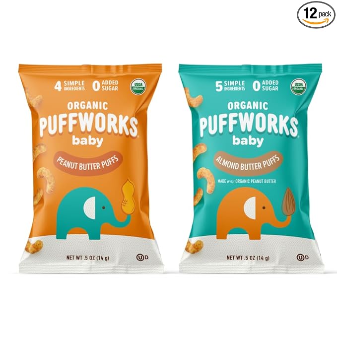 Puffworks Baby Peanut and Almond Variety Pack, Perfect for Early Peanut Introduction, Plant Protein, USDA Organic, Gluten-Free, Vegan, Non-GMO, Kosher, 0.5 Ounce (Pack of 12)