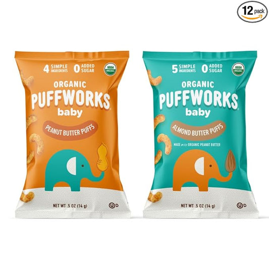 Puffworks Baby Peanut and Almond Variety Pack, Perfect for Early Peanut Introduction, Plant Protein, USDA Organic, Gluten-Free, Vegan, Non-GMO, Kosher, 0.5 Ounce (Pack of 12)