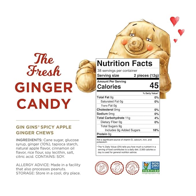 GIN GINS Spicy Apple Ginger Chews – Natural Fresh Ginger Candy by The Ginger People – Individually Wrapped Healthy Candy – Spicy Apple Ginger Flavor – Large 1 lb Bag (16oz) – Pack of 2