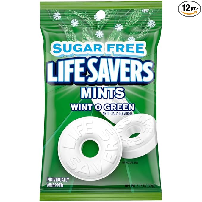 LIFE SAVERS Breath Mints Sugar Free Candy, Wint-O-Green Mint Hard Candy Bag for Goodie Bags, Road Trips, School, Work, 2.75 oz (Pack of 12)