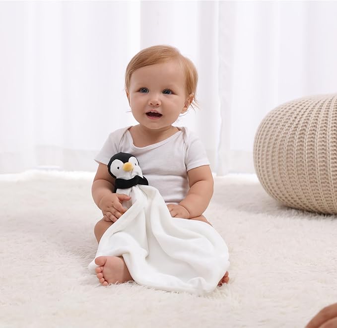Apricot Lamb Stuffed Animals Security Blanket Black Penguin Infant Nursery Character Blanket Luxury Snuggler Plush(Black Penguin)