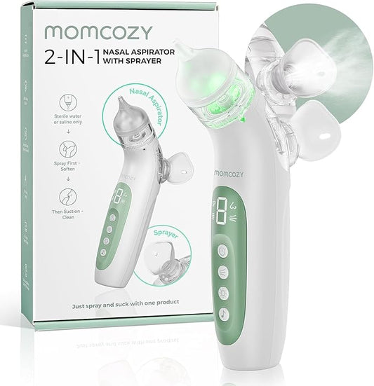 Momcozy BreezyClear™ 2-in-1 Electric Nasal Aspirator for Baby with Spray, 65kPa Hospital-Grade Suction, 4 Adjustable Levels, Quiet & Portable Nose Cleaner with Soothing Light & Music
