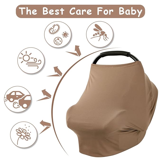 TANOFAR Car Seat Cover for Baby, Multi-Use Cover Carseat Canopy, High Stretchy & Breathable Infant Carseat Cover, Shower Gifts for Unisex Boys and Girls (Brown)