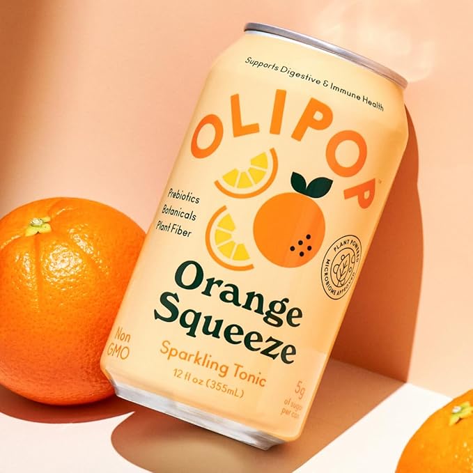 OLIPOP Prebiotic Soda Pop, Orange Squeeze, A New Kind of Soda Packed with Prebiotics, Fiber, and Botanicals, Gluten Free, Vegan, GMO Free, 12oz (12-Cans)