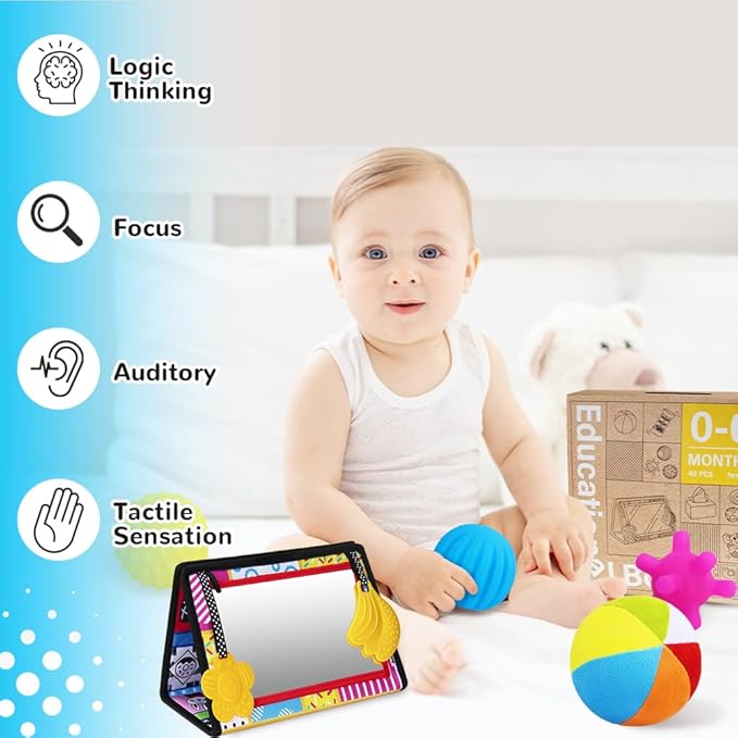 Montessori Toys for Babies 0-6 Months,7 in 1 Newborn Toys Baby Gifts Set Early Learning Toys with Black & White Baby Flashcards,Tummy Time Mirror,Baby Rattle,Sensory Balls,Tissue Box,Rain Stick
