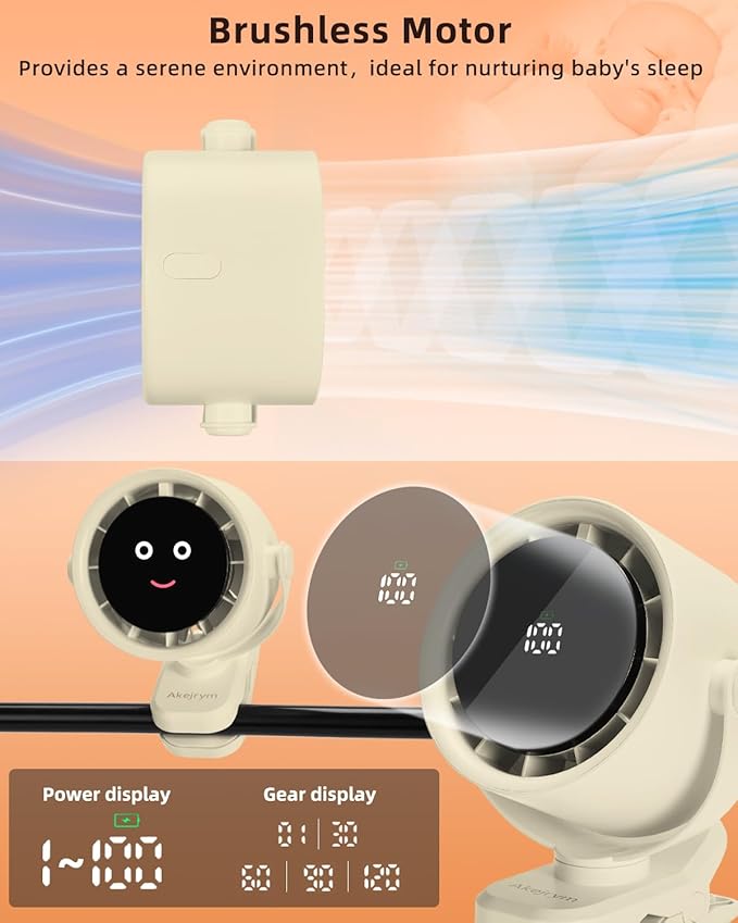 Clip on Fan for Bed, Portable Fan for Travel, Small Powerful 5 Speed Quiet 360° Rotate, Air Turbo Tech & Digital display, For Home Office Stroller Camping (Rice White)