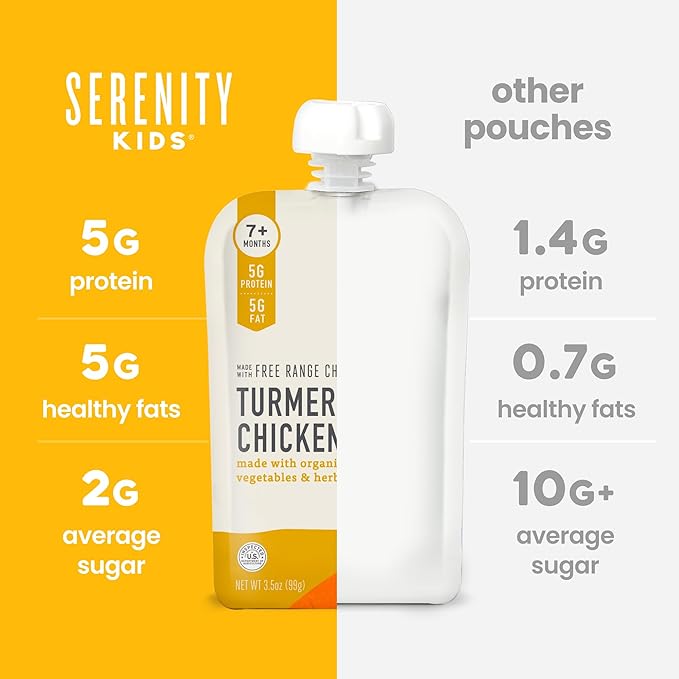 Serenity Kids 7+ Months Chicken Puree Pouch with Bone Broth - Pasture-Raised Turmeric & Veggie Blend - Clean Label Project Purity Award Certified - 3.5 Oz, 12 Pack