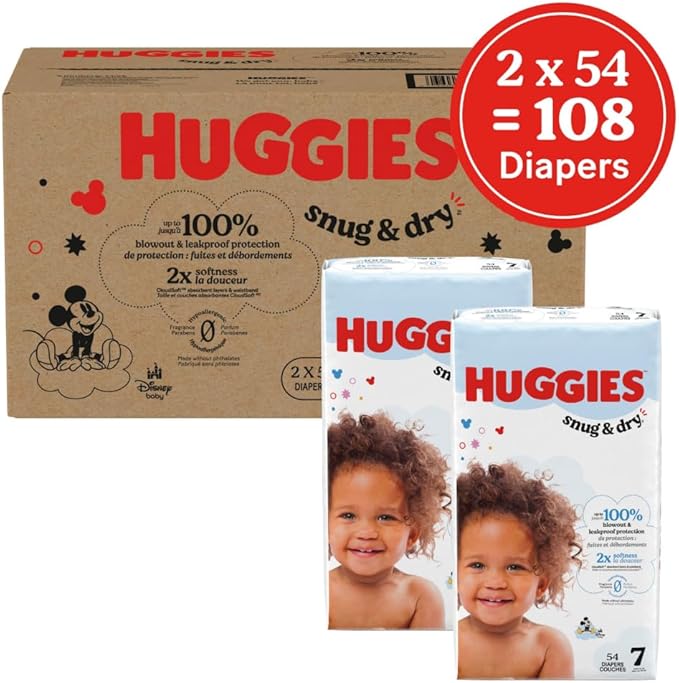 Huggies Size 7 Diapers, Snug & Dry Baby Diapers, Size 7 (41+ lbs), 108 Count (2 Packs of 54), Packaging May Vary
