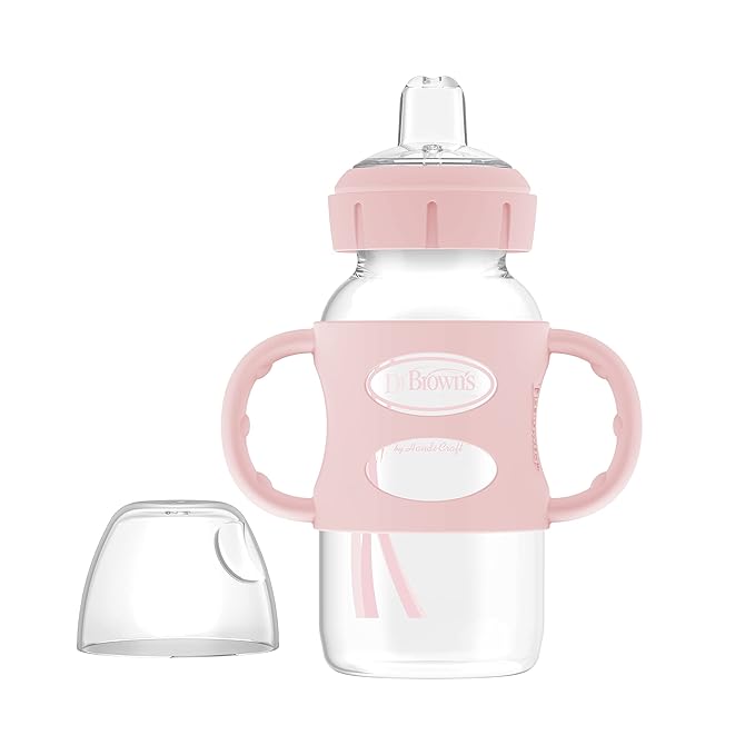 Dr. Brown's Milestones Wide-Neck Sippy Spout Bottle with 100% Silicone Handles, Easy-Grip Handles with Soft Sippy Spout, 9oz/270mL, Light-Pink & Ecru, 2-Pack, 6m+