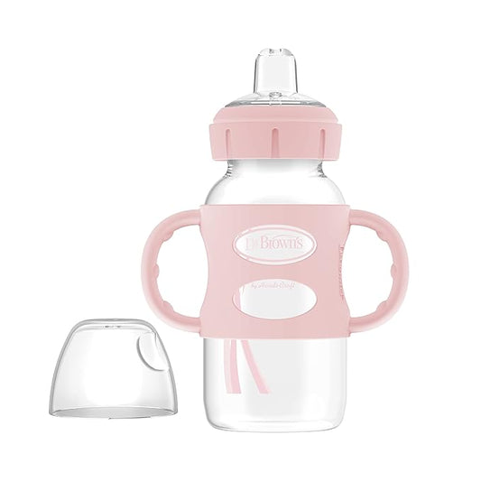 Dr. Brown's Milestones Wide-Neck Sippy Spout Bottle with 100% Silicone Handles, Easy-Grip Handles with Soft Sippy Spout, 9oz/270mL, Light-Pink, 1-Pack, 6m+