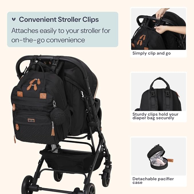 BabbleRoo Extra Large Diaper Bag Backpack, Expandable Baby Bag with Up to 50% More Capacity - Travel Essentials Baby Bag Tote with Changing Pad, Stroller Straps & Pacifier Case - Unisex, Black