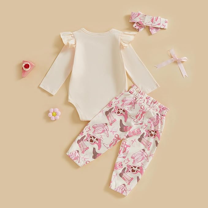 Fernvia Western Newborn Baby Girl Clothes Long Sleeve Letter Print Romper Animal Print Pants Headband 3Pcs Outfits Sets