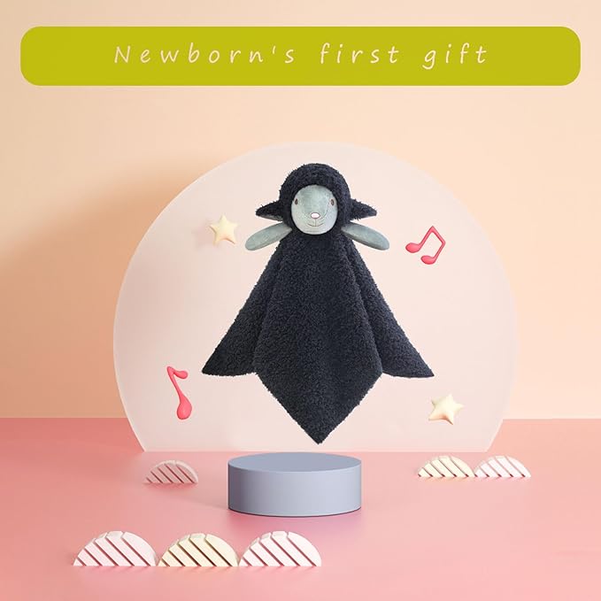 Baby Black Lamb Soft Stuffed Animal Security Blanket, Plush Sheep Character Lovey Blanket, Baby Shower/Nursery Gift, Newborn Infant Toddler Snuggle Blankie for Boys Girls, 14 Inches