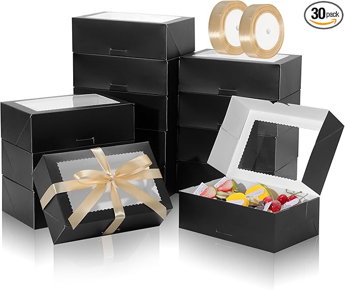 COTOPHER 30Pcs Cookie Boxes with Ribbons, 9x6x3 Inch Bakery Boxes with Window, Black Treat Containers for Pastries, Chocolate Covered Strawberries, Dessert, Easter Candy, Muffins, Donuts