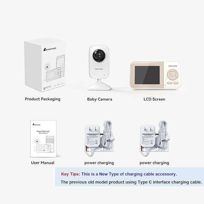 ebemate Video Baby Monitor Camera with 2.8" LCD Screen Video & Audio No Glow Night Vision,2-Way Talk Audio Cam Baby Monitoring 1200FT Range EBE28