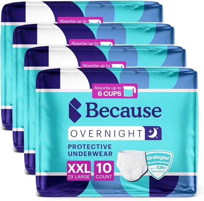 Because Overnight Absorbency Pull Ups - Adult Disposable Incontinence Underwear, Extra Absorbent Nighttime Briefs for Men and Women, White, XXLarge, 40 Count (4 Packs of 10)