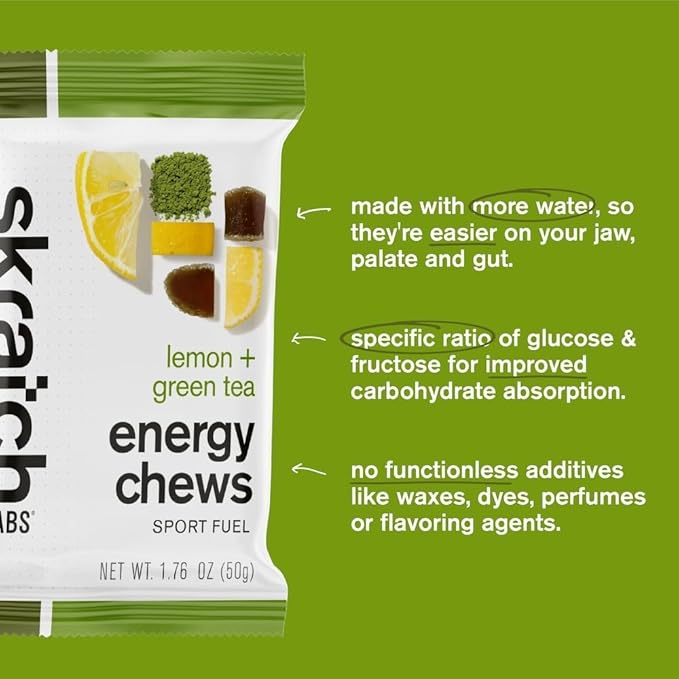 Skratch Labs Energy Chews | Gummies for Running, Cycling, and Sports Performance | Gel Alternative | Matcha + Lemon (10 Pack) | Gluten Free, Vegan