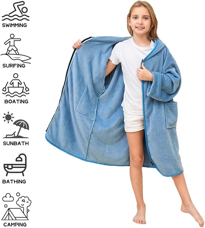Hiturbo Kids Bath Towel Hoodie: Soft Plush Zipper Surf Poncho - Warm Fleece Changing Towels Swimming Outerwear (Blue)