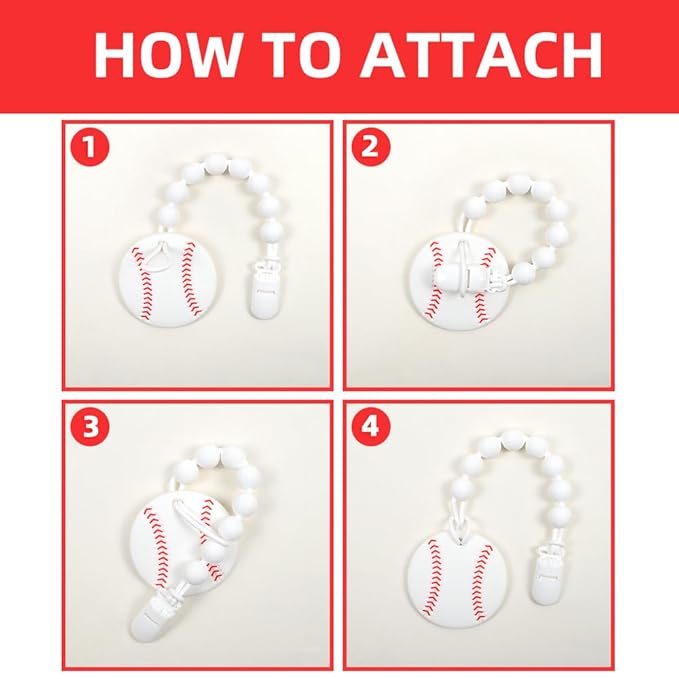 Baby Food Grade Silicone Sport Ball Teether Toy with Pacifier Clip Holder,Teething Toys Gift Set for 3 Months+ Boys and Girls,Freezer Safe,BPA Free. (Baseball)