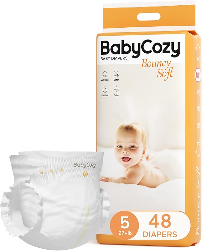 Baby Diapers Size 5 (27+lb),48 Count Babycozy Dry Disposable Diapers Bouncy Soft,0.8D Softer Touch Diapers and 10 Micron Velvet Soft Fiber Diapers Hypoallergenic for Sensitive Infant Skin
