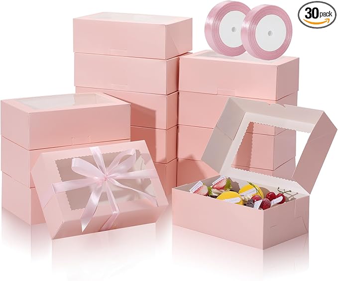 COTOPHER 30Pcs Cookie Boxes with Ribbons, 9x6x3 Inch Bakery Boxes with Window, Pink Treat Containers for Pastries, Chocolate Covered Strawberries, Dessert, Easter Candy, Muffins, Donuts