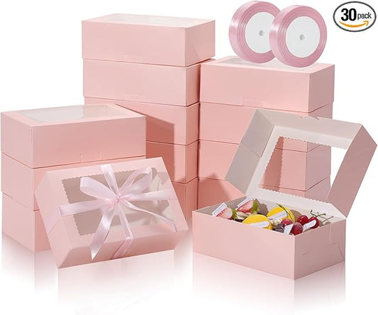 COTOPHER 30Pcs Cookie Boxes with Ribbons, 9x6x3 Inch Bakery Boxes with Window, Pink Treat Containers for Pastries, Chocolate Covered Strawberries, Dessert, Easter Candy, Muffins, Donuts