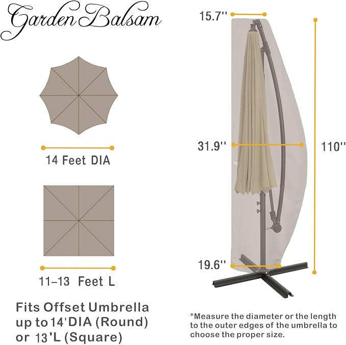 Patio Umbrella Cover for 12FT to 14FT Offset Umbrella, Water Resistant, Curved Cantilever and Straight Pole Parasol Outdoor Umbrellas Cover with Zipper and Rod