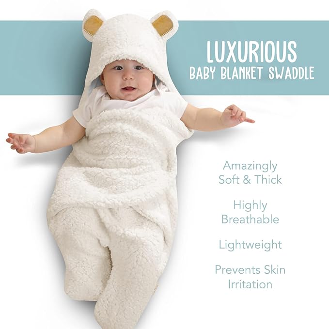 BlueMello Baby Bear Swaddle Blanket | Ultra-Soft Plush Essential for Infant 0-6 Months | Receiving Swaddling Wrap White | Ideal Newborn Registry and Toddler Accessories | Perfect Baby Boy Shower Gift