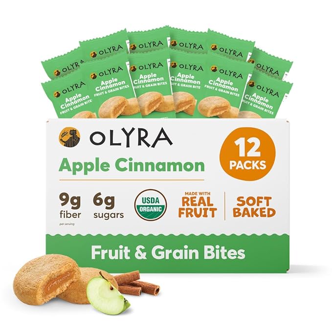Olyra Apple Cinnamon - Organic Soft Baked Fruit Bars - High Fiber - Healthy Breakfast Snack with Real Fruit Filling - Healthy Snacks for Adults - Office & School Kids Snack - Pack of 12