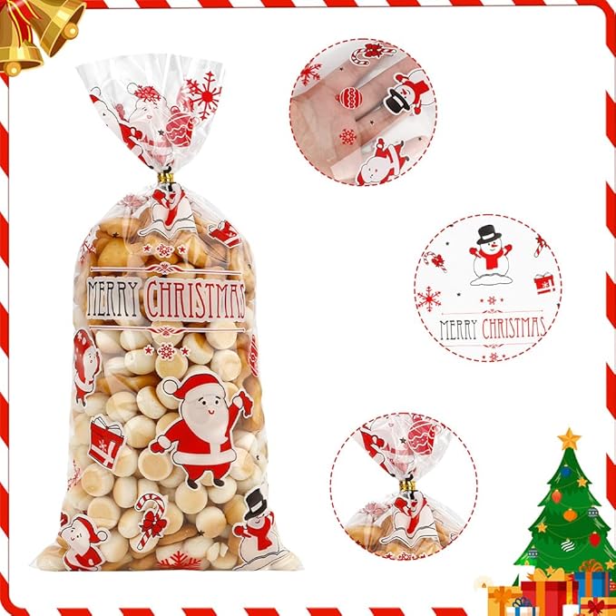 100 PCS Christmas Cellophane Treat Bags(5.1x10.6 Inch) with Ties Plastic Santa Goodie Candy Cookie Loot Gifts Bags Bulk Pouches for Christmas Party Favors Supplies Decorations Holiday Xmas Decor