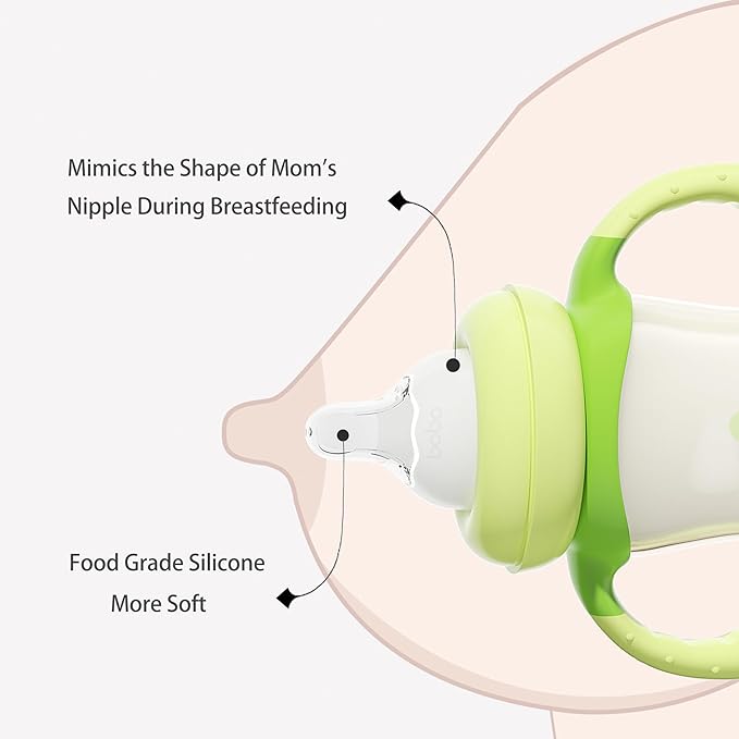 YOHKOH Natural PPSU Baby Bottle with Natural Response Nipple, Newborn Anti-Colic Baby Bottles with Handle, Wide Neck Mushroom Cap Baby Bottle (8.8oz (Pack of 4), Green1)