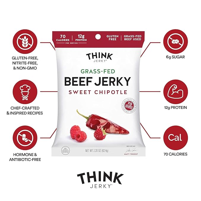 Think Jerky Beef and Turkey Jerky Variety, Original, Sweet Chipotle, Sriracha Honey, Sesame Teriyaki, Healthy Meat Snack, Low Calorie Low Fat - 2.2 oz Bags, 4 Pack, 1 of Each
