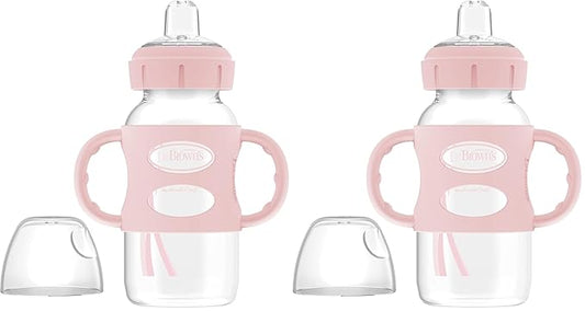 Dr. Brown's Milestones Wide-Neck Sippy Spout Bottle with 100% Silicone Handles, Easy-Grip Handles with Soft Sippy Spout, 9oz/270mL, Light-Pink, 2-Pack, 6m+
