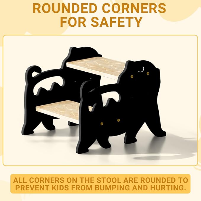 COSYLAND Kids Step Stool for Bathroom - Lovely Cat Potty Training Stool Toddler Step Stool for Toilet - Adjustable Height Kids Stepping Stool with Handle (Natural & Black)