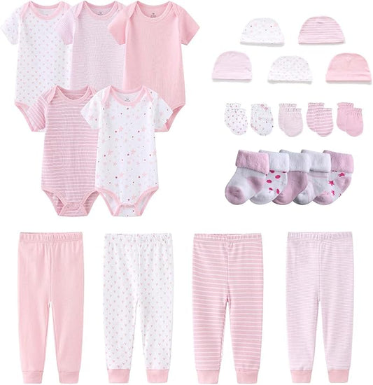 Newborn Layette Gift Set Bodysuits Pants for Baby Girl and Boy 24 Piece 100% Cotton Essentials and Accessories
