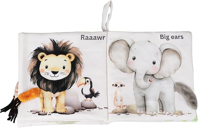 Ali+Oli Baby Cloth Book – Soft Sensory Crinkle Book with Textured Tails for Infants 0-12 Months – Early Learning Touch & Feel Tummy Time Toy – Newborn Shower Gift - Safari Friends