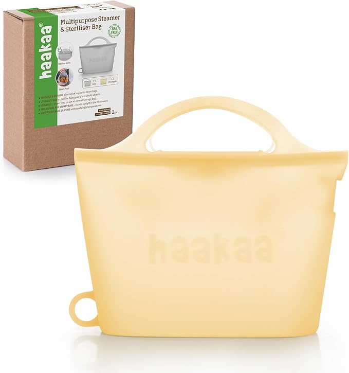 Haakaa On-The-Go Silicone Microwave Steam Sterilizer Bags for Travel, 40oz/1250ml Reusable Silicone Steaming Bags for Baby Bottles, Breast Pump, Accessories, Pacifiers, Teethers, Pineapple/1PC