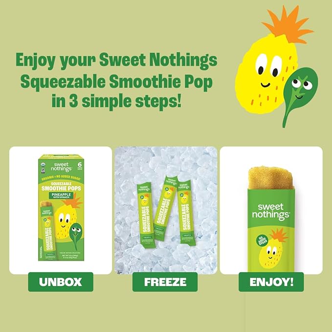 Sweet Nothings, Pineapple, USDA Organic Kids' Squeezable Fruit Smoothie Popsicle Pops, Value Pack of 24 - Dye-Free, No Added Sugar, Dairy-Free, Vegan, Organic Fruit and Veggie Pops, Freeze & Enjoy