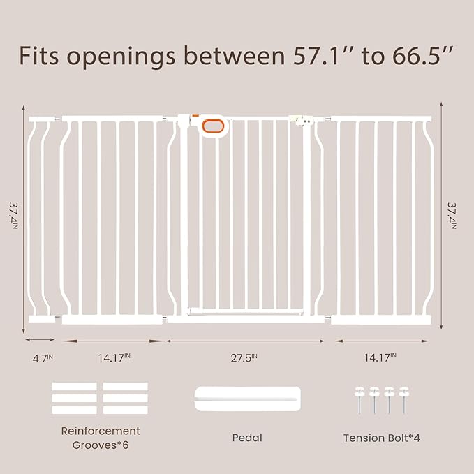 owlie 37.4" Extra Tall Wide Baby Gate for Stairs Doorways,57-66 Inch Extra Large Long Baby Gate with Door Indoor Safety Metal Pressure Mounted Pet Gate with Walk-Thru Auto Close, White