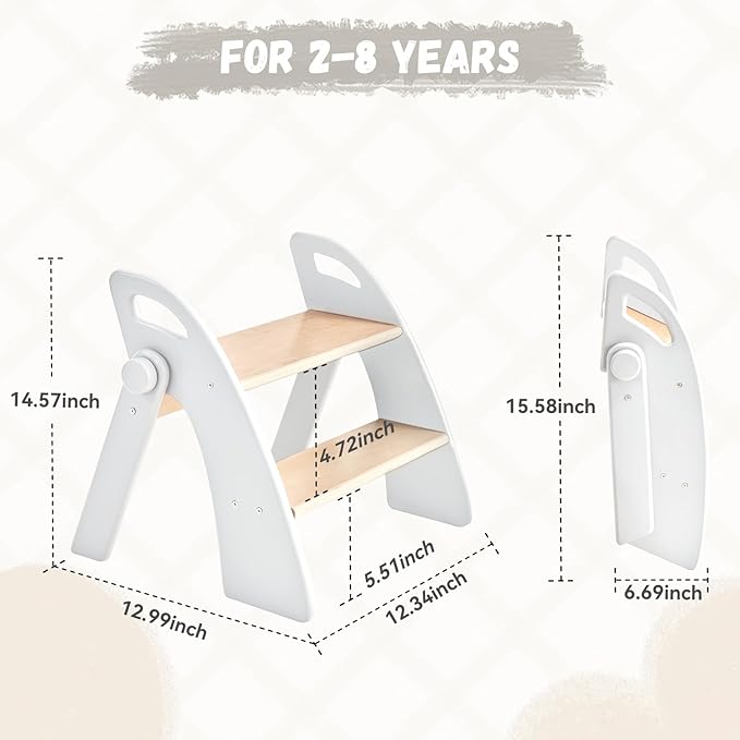 Wooden 2 Step Stool for Kids Bathroom Sink Foldable Anti-Slip 2-Step for Toilet Potty Training, Child Stepping Stool for Kitchen Nursery Bedroom, Sturdy Non Slip Adult Stool for Closet
