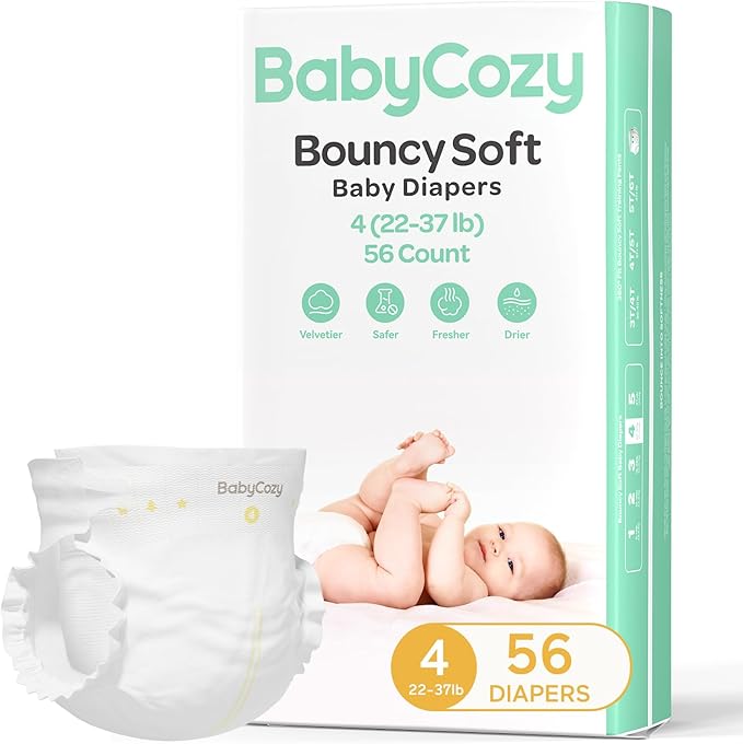 Baby Diapers Portable Pack Size 4(22~37lb), 56 Count Babycozy Bouncy Soft Diapers Disposable Hypoallergenic Diapers to Protect Sensitive Baby Skin